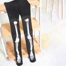1 件女士骷髅印花紧身裤，完美搭配日常服装，万圣节 - 彩色 - 查看 5