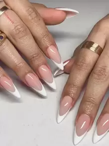 使用按压式指甲提升您的外观，24 片法式中号杏仁形指甲，包含 1 个粘合片和 1 个迷你锉刀，闪亮粉色和白色法式全覆盖假指甲套装，适合女性和时尚女孩约会派对的美甲。这款永远不会过时。美甲用品指甲 - 白色 - 查看 1