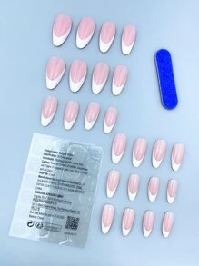 使用按压式指甲提升您的外观，24 片法式中号杏仁形指甲，包含 1 个粘合片和 1 个迷你锉刀，闪亮粉色和白色法式全覆盖假指甲套装，适合女性和时尚女孩约会派对的美甲。这款永远不会过时。美甲用品指甲 - 白色 - 查看 2