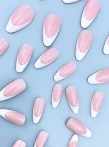 使用按压式指甲提升您的外观，24 片法式中号杏仁形指甲，包含 1 个粘合片和 1 个迷你锉刀，闪亮粉色和白色法式全覆盖假指甲套装，适合女性和时尚女孩约会派对的美甲。这款永远不会过时。美甲用品指甲 - 白色 - 查看 3