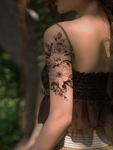 Realistic Temporary Tattoo Sticker For Arm, Sexy Floral Pattern Water Transfer, Waterproof - Black - View 3