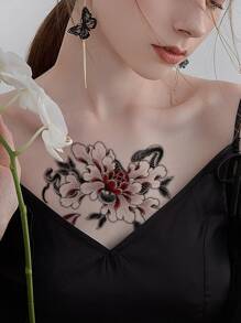 Thigh Temporary Tattoo Stickers With Snake And Peony Design, Waterproof, Disposable, For Women And Girls - Black - View 3