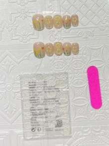 10pcs Short Square Shape Graphic Design Diy False Nails With Removable Adhesive And Nail File (1 Jelly Gel Slice And 1 Sanding Strip Included) - Multicolor - View 2