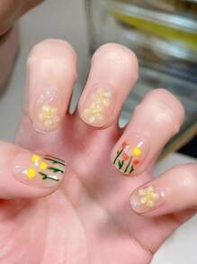 10pcs Short Square Shape Graphic Design Diy False Nails With Removable Adhesive And Nail File (1 Jelly Gel Slice And 1 Sanding Strip Included) - Multicolor - View 4