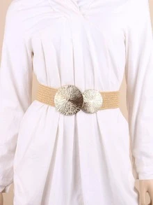 1pc Women's Elastic Woven Belt With Round Buckle Closure Waist Trainer - Khaki - View 1