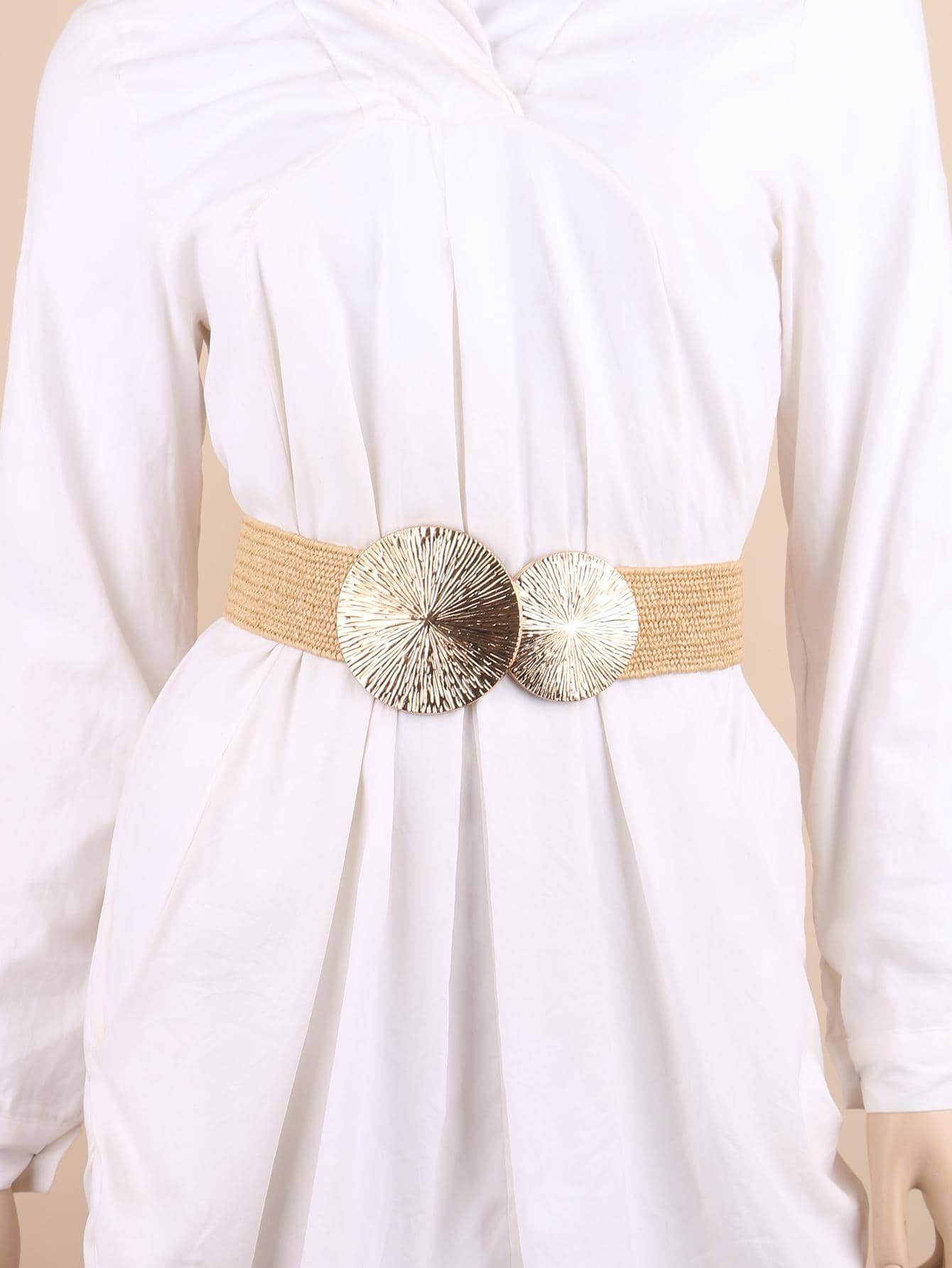 1pc Women's Elastic Woven Belt With Round Buckle Closure Waist Trainer - Khaki - View 1