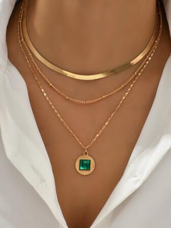 1pc Fashionable Gold Plated Multilayer Emerald Necklace
