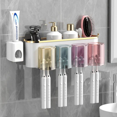 1 套牙刷架，带 4 个牙膏杯和 1 个牙膏分配器，家居浴室装饰秋季装饰，返校季