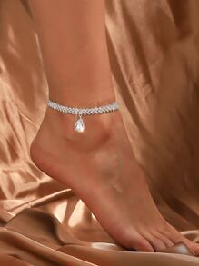 1pc Crystal & Cubic Zirconia Water Drop Anklet With Rhinestone Claw Chain - Silver - View 1