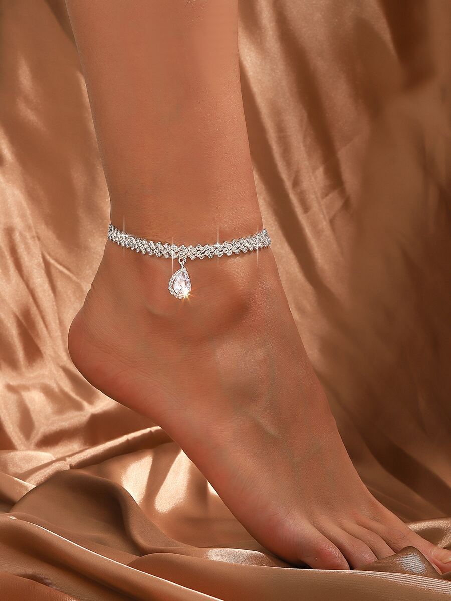 1pc Crystal & Cubic Zirconia Water Drop Anklet With Rhinestone Claw Chain - Silver - View 1