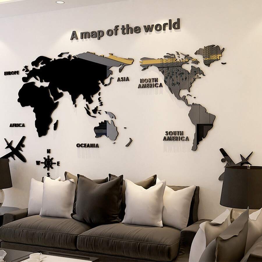 Mapa Del Mundo Decoracion Para Pared 3d Interior 120X60cm - Negro - Ver 1