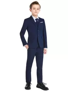 Traje de 4 piezas para niños, Esmoquin para niños pequeños, Atuendo de portador de anillos, Blazer, pantalones, camisa y corbata, Traje formal para niños, Azul marino, Para cumpleaños, boda, graduación, invitado de boda, Paje, Talla 4-16 años - Azul Marino - Ver 6