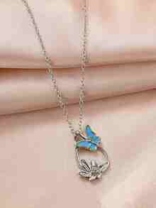 1 pieza Collar aleación de zinc elegante gota de agua & colgante de mariposa para mujeres , A regalo para familia con amigos - Plateado - Ver 5