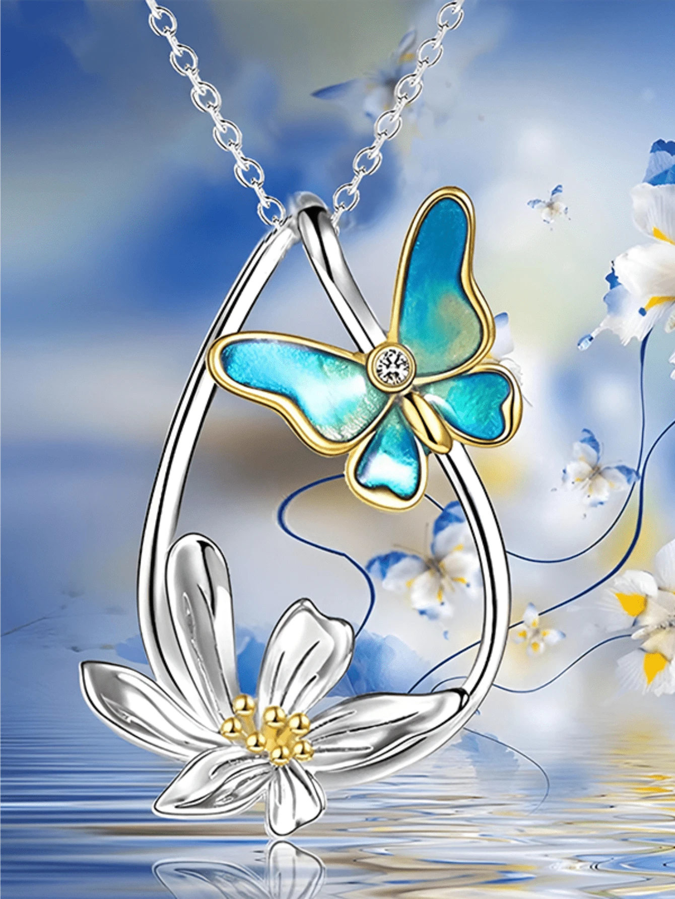 1 pieza Collar aleación de zinc elegante gota de agua & colgante de mariposa para mujeres , A regalo para familia con amigos - Plateado - Ver 1