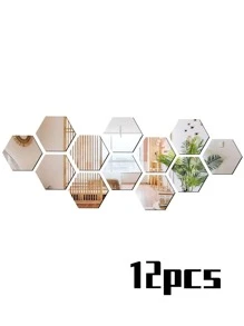 12pcs/pack Acrylic Hexagonal Mirror Tile With Self-adhesive Used For Wall Decoration - Silver - View 3