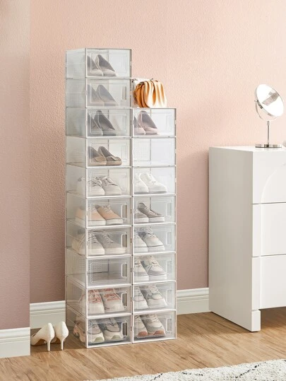 SONGMICS Shoe Boxes, Set Of 18 Shoe Storage Organizers, Stackable And Foldable For Sneakers, Fit Up To US Size 11, Transparent And Black