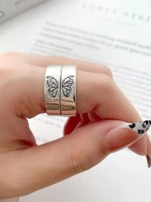 1pair Silver Butterfly Wing Couple Rings, 2pcs/set - Silver - View 5