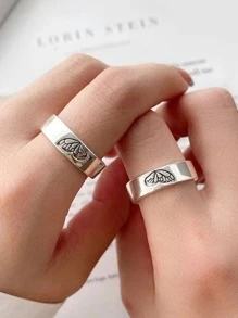 1pair Silver Butterfly Wing Couple Rings, 2pcs/set - Silver - View 1