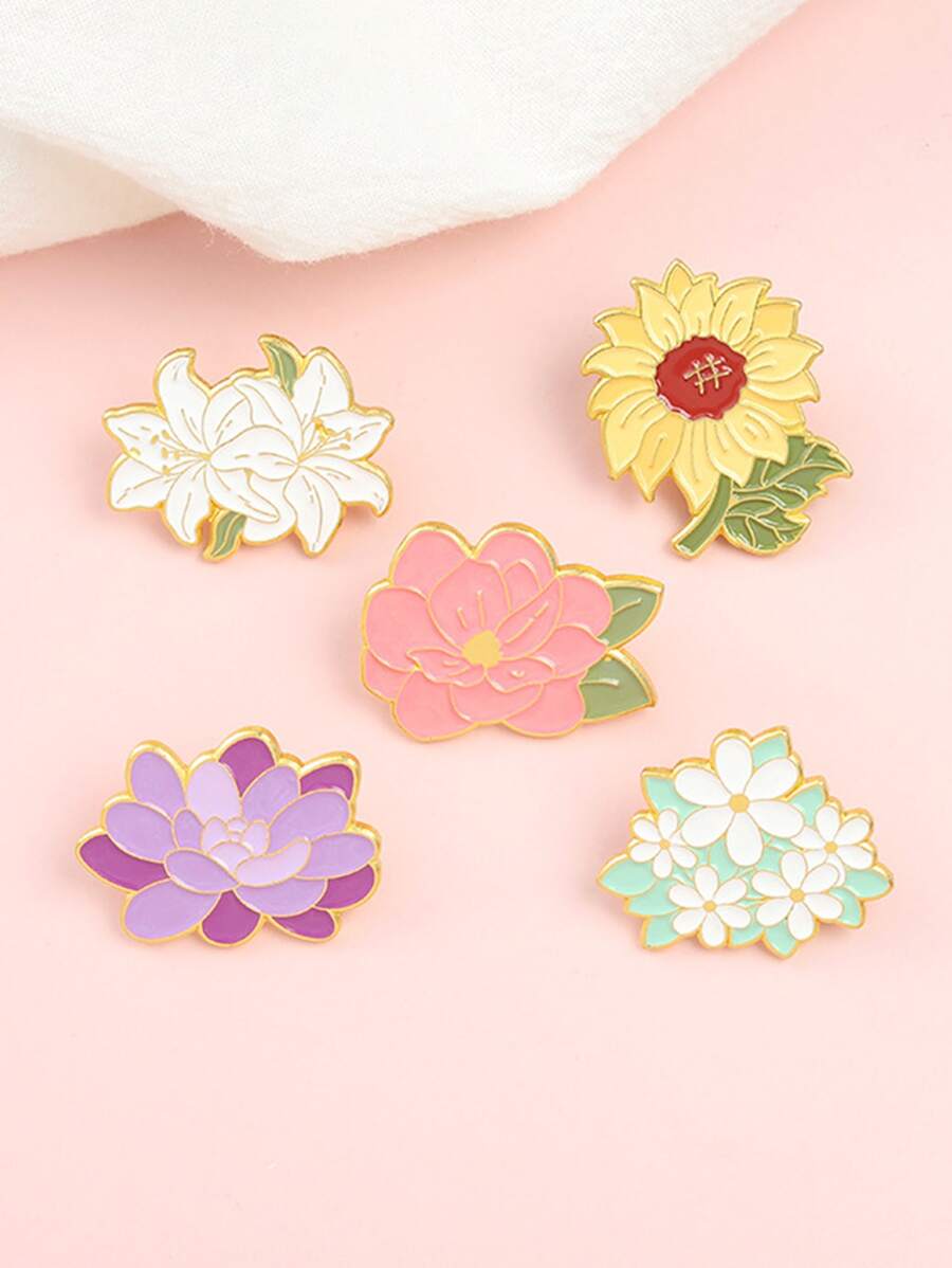 5件时尚向日葵百合珐琅别针精致莲花牡丹雏菊花卉胸针布质翻领别针女扣女孩礼物 - 彩色 - 查看 1