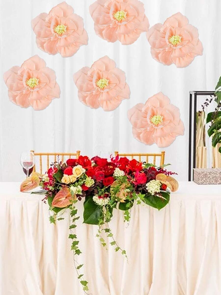 6 piezas Papel crepe flores papel flor Decoración hecho a mano flores fiesta boda Fondo flor para Bebé de cumpleaños Telón de fondo de la foto nupcial ducha habitación central - Champán - Ver 1