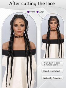 合成耐熱多股編織蕾絲假髮 13*13*1 長辮子頭髮 36 英寸黑色日常用於女性自然外觀優質合成柔軟初學者友好假髮 - 黑色 - 查看 3