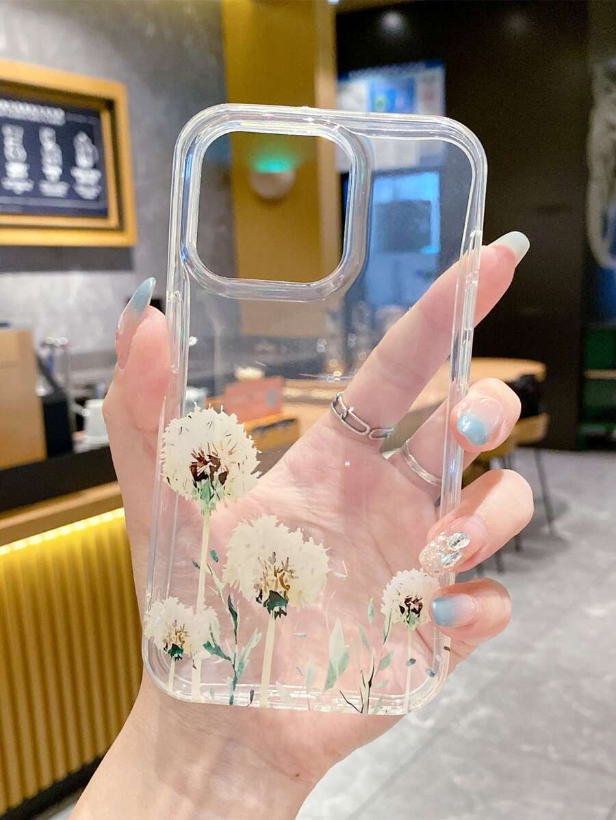 1 pieza Carcasa protectora Imd artesanal de alta transparencia compatible con iPhone, patrón de diente de león y a prueba de golpes - transparente - Ver 1