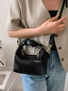 New Fashionable Simple All-Match Pleated Woven Pu Tote Shoulder Crossbody Bag With Patchwork Design, Old Money - Black - View 3