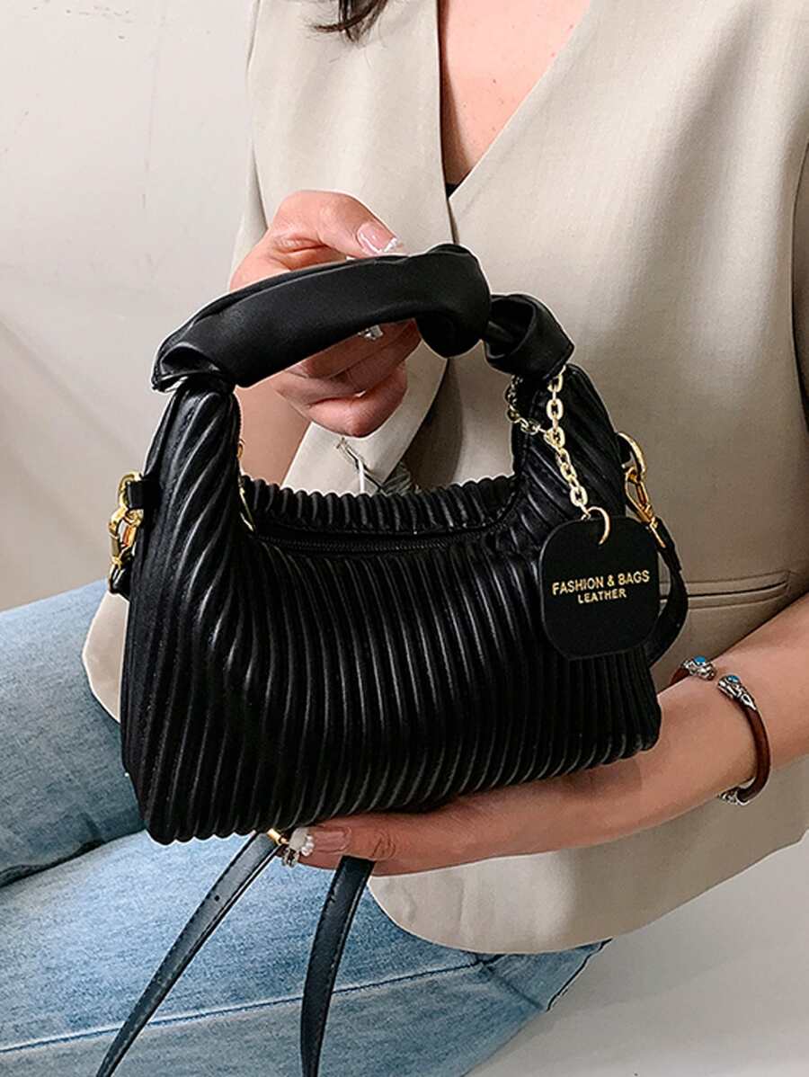 New Fashionable Simple All-Match Pleated Woven Pu Tote Shoulder Crossbody Bag With Patchwork Design, Old Money - Black - View 1