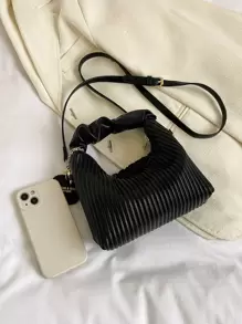 New Fashionable Simple All-Match Pleated Woven Pu Tote Shoulder Crossbody Bag With Patchwork Design, Old Money - Black - View 6