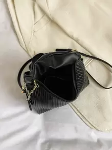 New Fashionable Simple All-Match Pleated Woven Pu Tote Shoulder Crossbody Bag With Patchwork Design, Old Money - Black - View 8