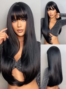 1顶女士黑色长直假发，自然黑色刘海合成假发，优雅美丽，外观自然，耐热合成发丝，适合日常佩戴和派对场合