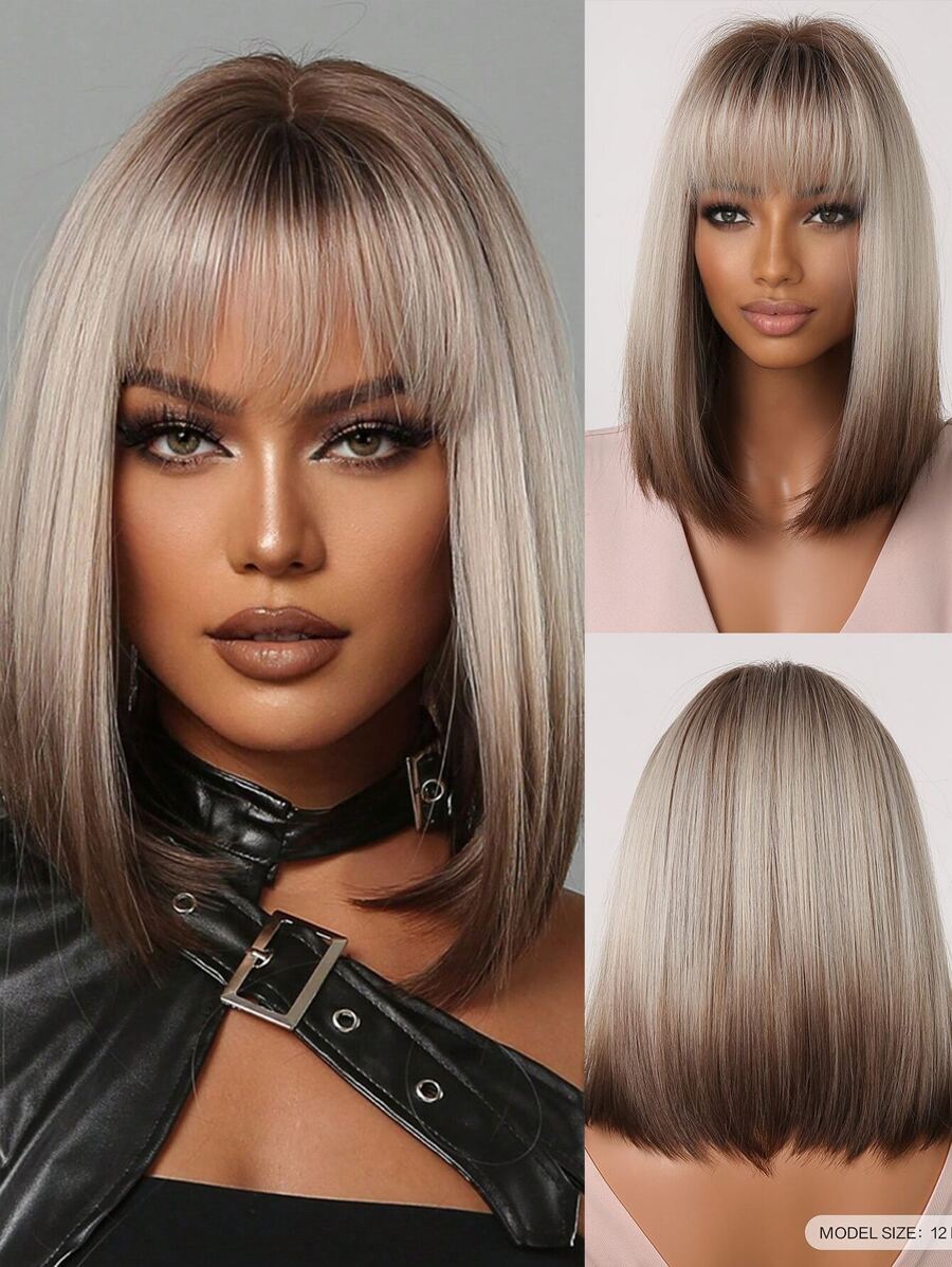 Tóc giả HAIRCUBE 12 inch màu vàng nâu ombre cho phụ nữ tóc giả thẳng ngắn có mái tóc giả tổng hợp cho cuộc sống hàng ngày và Giáng sinh