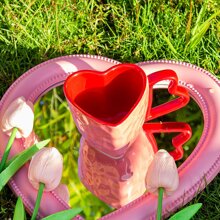 1pc Korean Version Couple Heart Shaped Custom Pattern Design Ceramic Mug Household Couple Coffee Cup Back To School - Red - View 2
