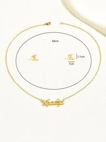 18K金鍍三件套時尚英文字母吊墜項鍊套裝女款，包括鎖骨鏈和耳環 - 金黃色 - 查看 5