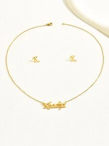 18K金鍍三件套時尚英文字母吊墜項鍊套裝女款，包括鎖骨鏈和耳環 - 金黃色 - 查看 3