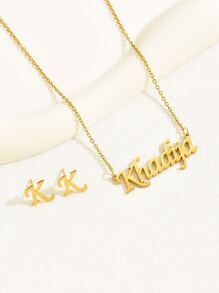 18K金鍍三件套時尚英文字母吊墜項鍊套裝女款，包括鎖骨鏈和耳環 - 金黃色 - 查看 2
