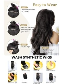 Hair extension in a piece style 5 clips in a long straight wig, synthetic wig piece - Brown - View 3