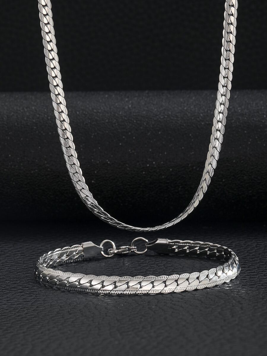2pcs/Set Punk Hip Hop Cuban Link Necklace And Bracelet, Unisex Street Party Jewelry, Daily Wear - Silver - View 1