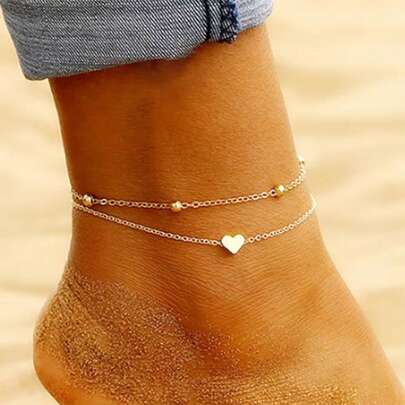 1 piece of European and American, fashionable, minimalist love shaped double layered ankle chain for women's beach outings, daily commuting, work gatherings, birthday gifts