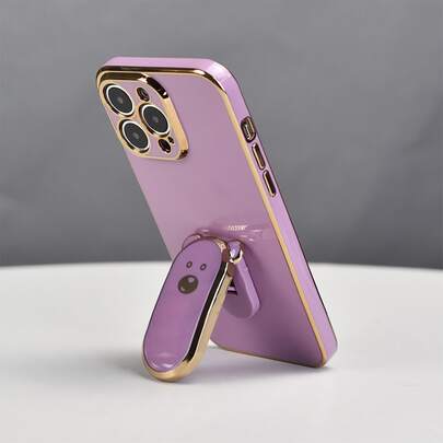 1个电镀可爱小熊手机支架，紫色/黑色/白色/蓝色/绿色电镀手机壳，带隐藏式支架，防震超薄保护套，镜头保护，软壳，兼容 7/8/11/12/13/14/15/X/XR/Xs/Plus/Pro/Pro Max/SE2/Mini系列