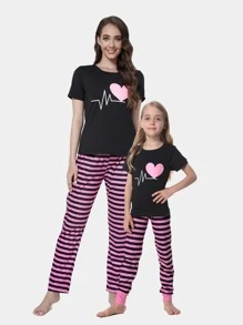 2入組青少年女孩心電圖和條紋印花短袖上衣和長褲軟身伸縮緊身睡衣套裝 - 黑色 - 查看 1
