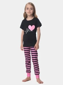 2入組青少年女孩心電圖和條紋印花短袖上衣和長褲軟身伸縮緊身睡衣套裝 - 黑色 - 查看 2