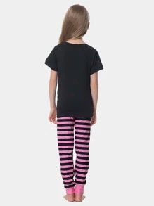 2入組青少年女孩心電圖和條紋印花短袖上衣和長褲軟身伸縮緊身睡衣套裝 - 黑色 - 查看 3