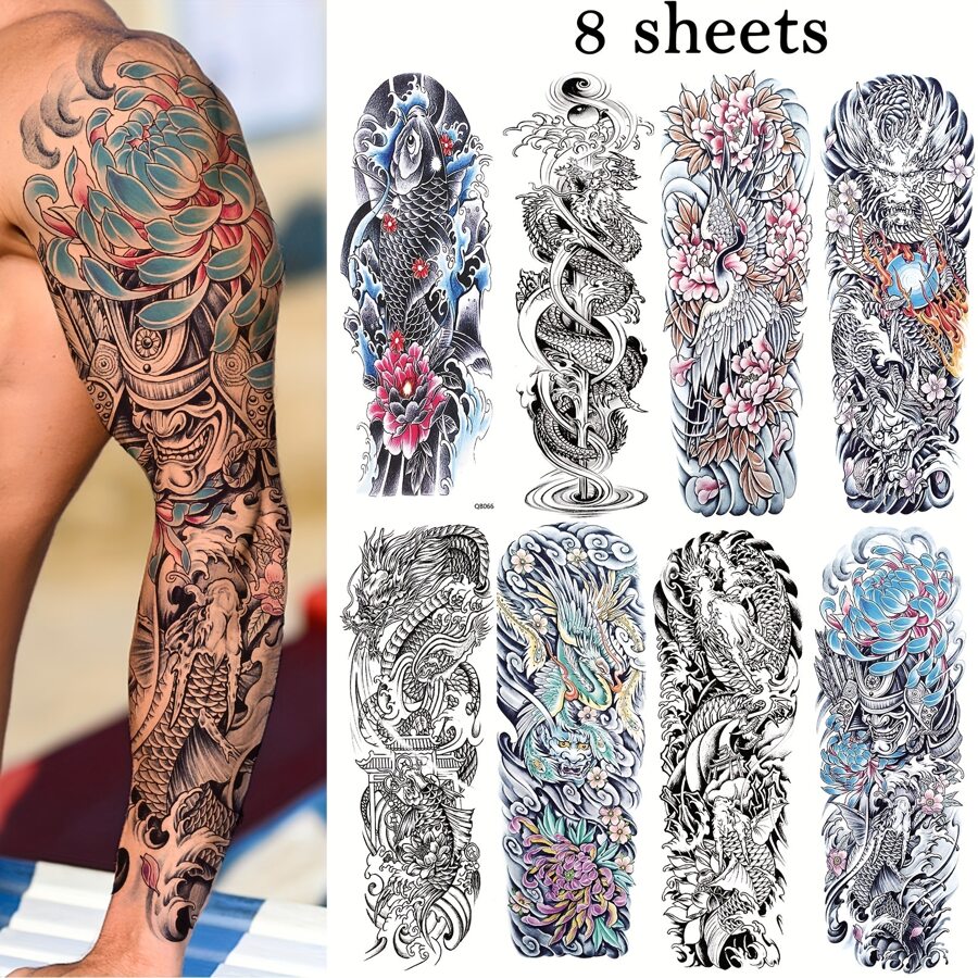 8充分手臂臨時紋身貼,假紋身貼紙,持久防水錦鯉龍身體藝術臨時紋身貼適合男士 - 黑色 - 查看 1