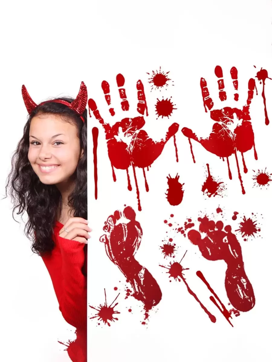 1pc Halloween Decorations  Halloween Window Clings, Bloody Handprint Footprint Halloween Wall Decal Floor Clings with Tattoo Stickers, Scary Halloween Decoration Window Stickers - Red - View 1