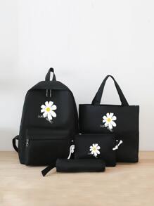 3入組黛西花印花四件套休閒背包、手提包和手拿包 - 黑色 - 查看 1
