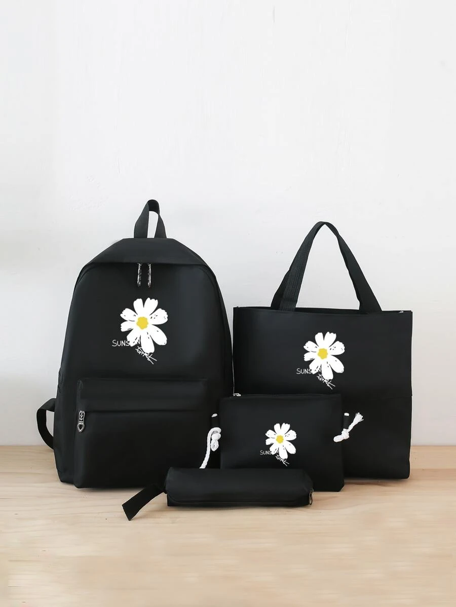 3入組黛西花印花四件套休閒背包、手提包和手拿包 - 黑色 - 查看 1