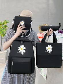3入組黛西花印花四件套休閒背包、手提包和手拿包 - 黑色 - 查看 3
