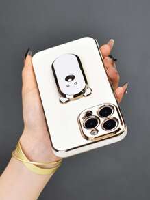 1 pieza Funda de teléfono con soporte oculto en forma de oso adorable chapado en color morado/negro/blanco/azul/verde, ultra delgada y a prueba de golpes con protector de lente de cámara compatible con iPhone 7/8/11/12/13/14/15/X/Xr/Xs/Plus/Pro/Pro Max/SE2/Mini