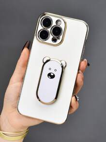 1 pieza Funda de teléfono con soporte oculto en forma de oso adorable chapado en color morado/negro/blanco/azul/verde, ultra delgada y a prueba de golpes con protector de lente de cámara compatible con iPhone 7/8/11/12/13/14/15/X/Xr/Xs/Plus/Pro/Pro Max/SE2/Mini
